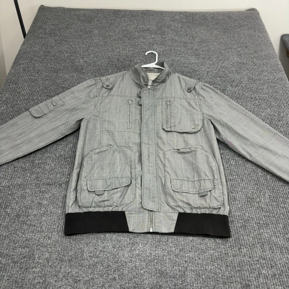 Five Four Bomber Jacket Mens XL Gray Polyester Cotton Plaid Mock Neck Casual